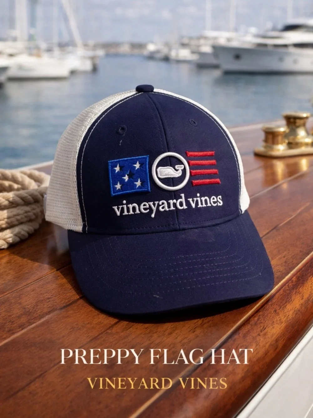 Vineyard Vines Flag Whale Trucker Boys Hat Navy Adjustable Snapback